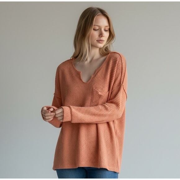 Elan Tops - Elan Waffleknit Boyfriend Top Oversized V Neck Long Sleeve Grunge Slouchy Beach